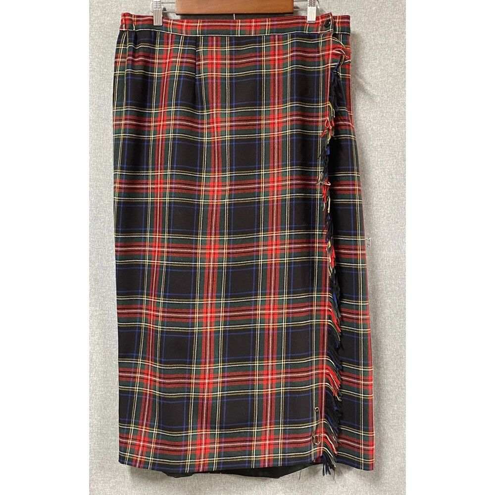 Vintage Rafaella Worsted Wool Tartan Plaid Kilt Skirt Size 18 Safety Pin Fringe